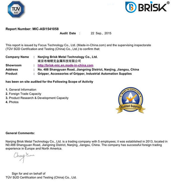 चीन Nanjing Brisk Metal Technology Co., Ltd. प्रमाणपत्र